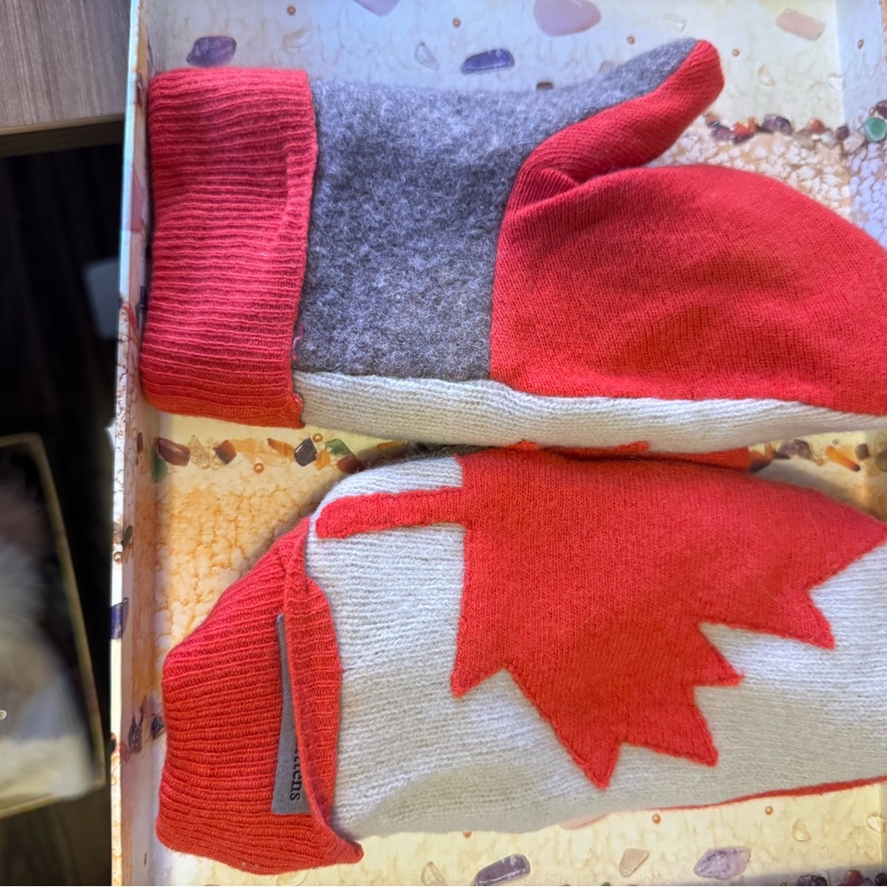 Red and Gray Mittens with Maple Leaf Design